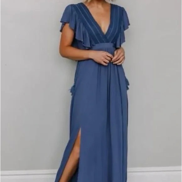 Baltic Born Blue V Neck Flutter Ruffle Short Sleeve Side Slit Midi Maxi Dress Lg - Picture 3 of 8